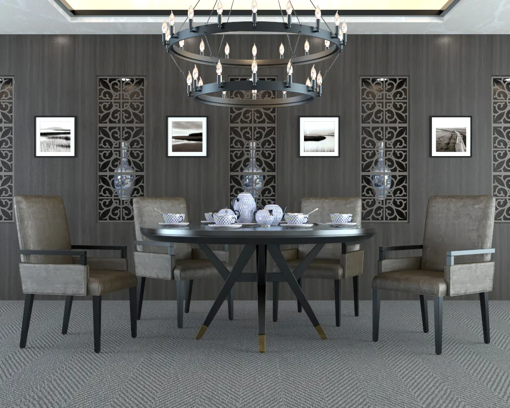 A modern dining room with a chandelier and a table set for tea. The wall features decorative panels with interlocking shapes.