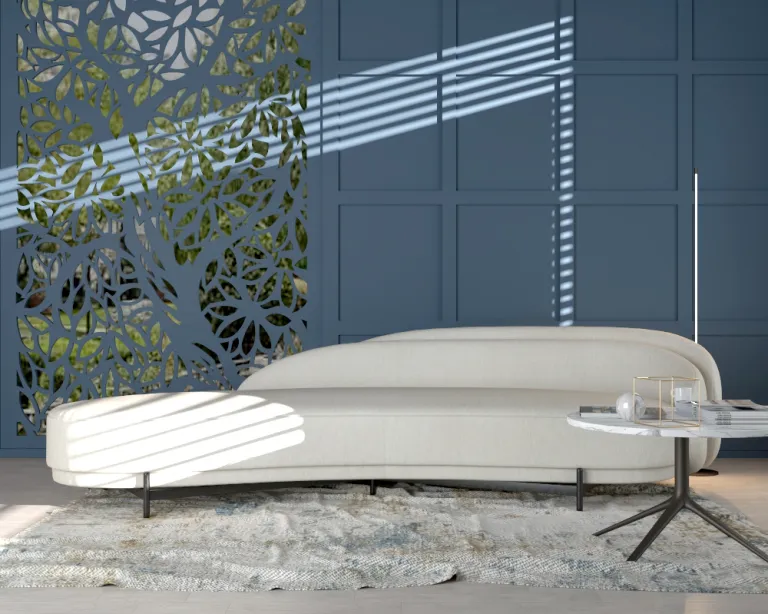 Modern room with blue wall panel and floral pattern