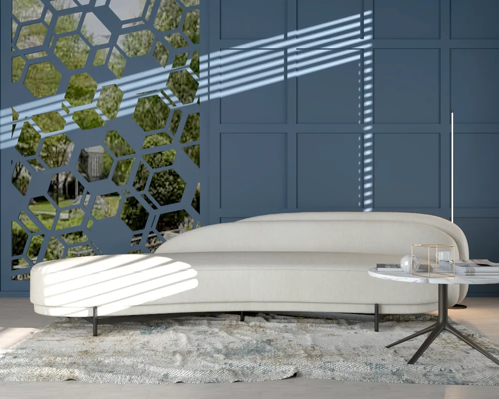 Modern room with blue wall panel and honeycomb pattern