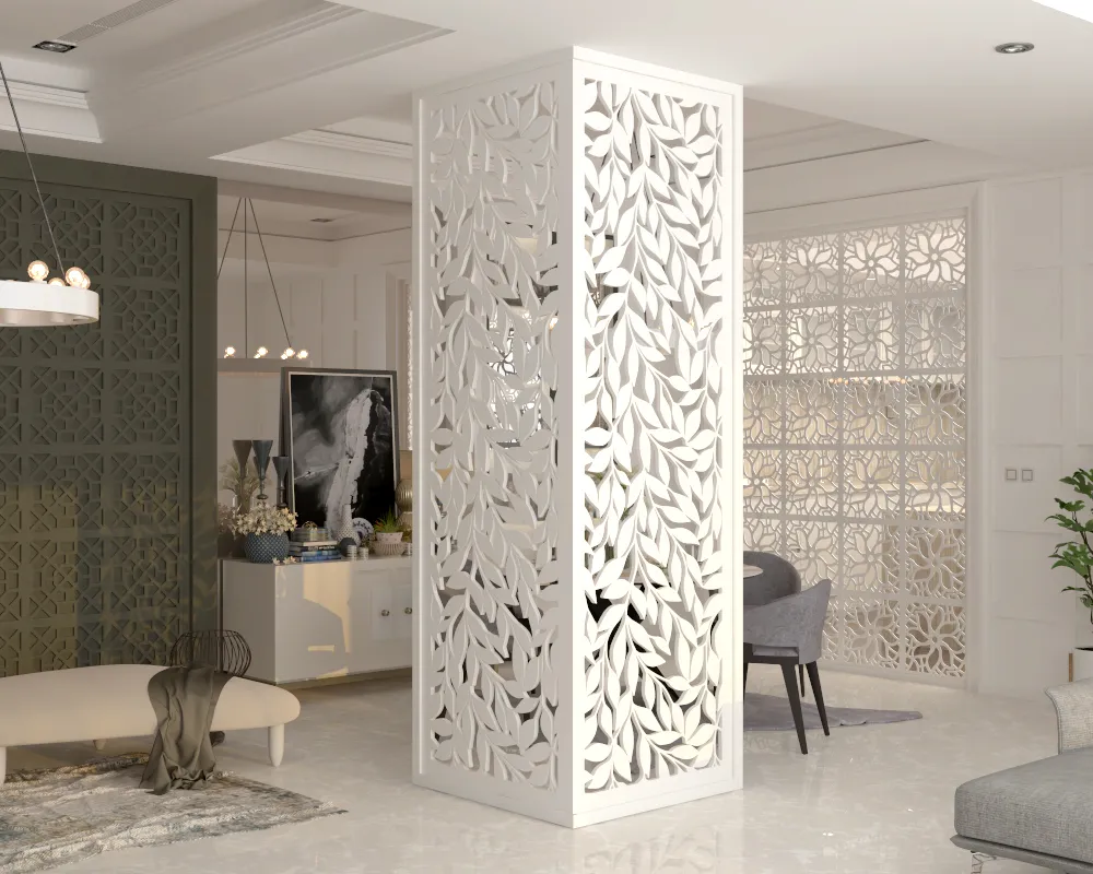 Modern interior with a freestanding decorative panel featuring flowing leaf patterns