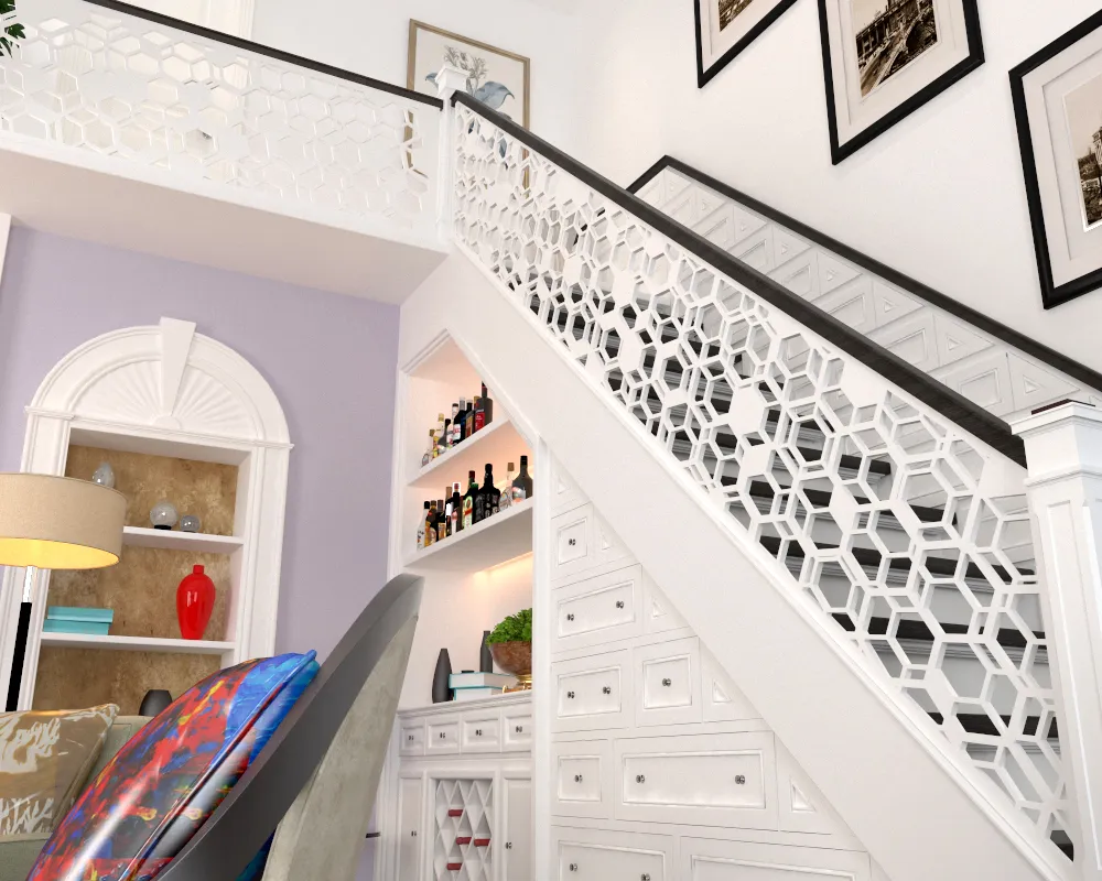 Living room with white staircase featuring leaf pattern railing and built-in shelves.