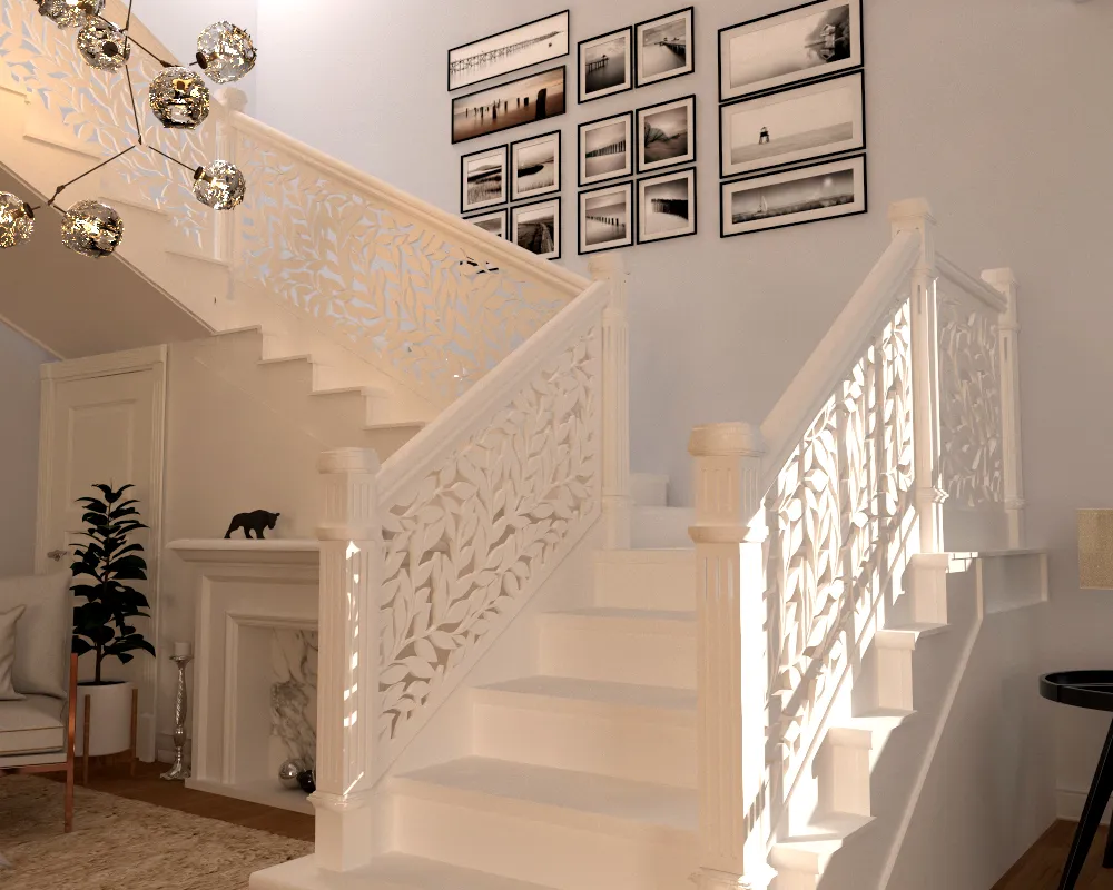 Modern staircase with geometric pattern railing and framed pictures on the wall.